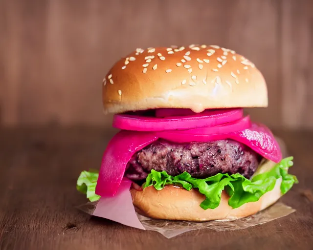 Prompt: dslr food photograph of burger with a pink raw patty in it, 8 5 mm f 1. 4