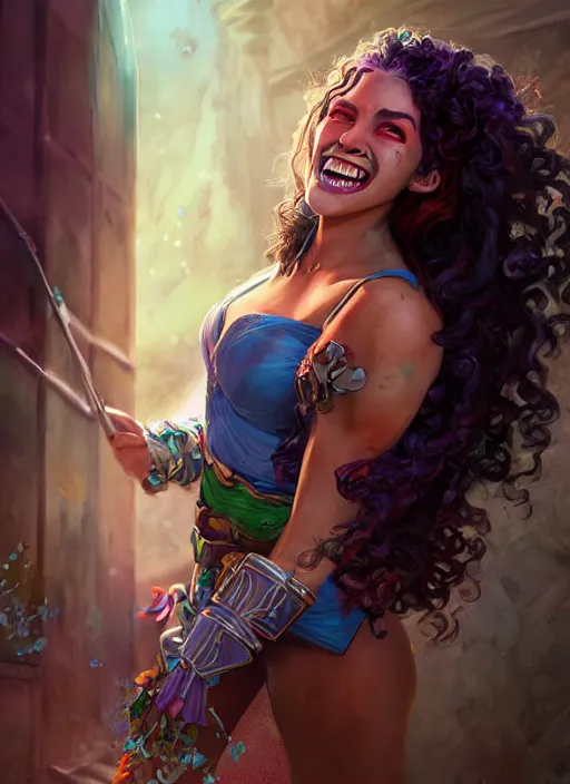 Image similar to an epic fantasy comic book style portrait painting of a girl wearing colorful makeup with a smile and curly brown hair stepping out of a doorway with light shining behind her, unreal 5, daz, hyperrealistic, octane render, cosplay, rpg portrait, dynamic lighting, very detailed face
