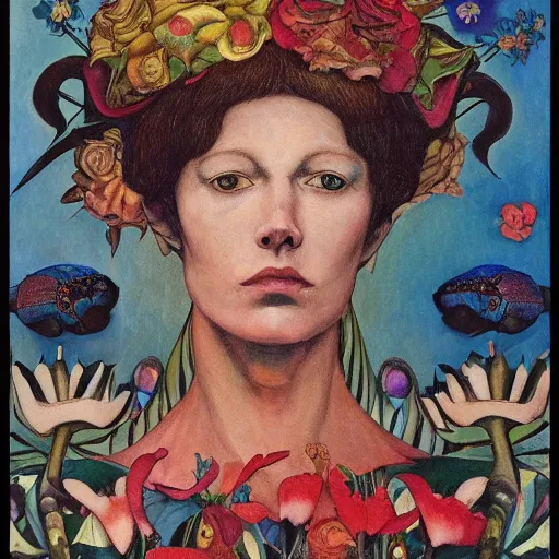 Prompt: the bone crown, by annie swynnerton and leo and diane dillon and ( diego rivera ) and adolf wolfli, elaborate costume, flowers, iridescent beetles, rich color, dramatic cinematic lighting, smooth, sharp focus, extremely detailed