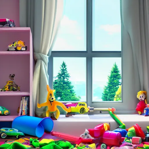 Image similar to eye - level view, in a child's bedroom filled with toys there is a bed under a window with a colorful bedspread. a super cute gsd puppy runs and jumps on the bed and plays with its toys. hilarious, funny, back to school comedy, cg animation, 3 d octane render, imax 7 0 mm,