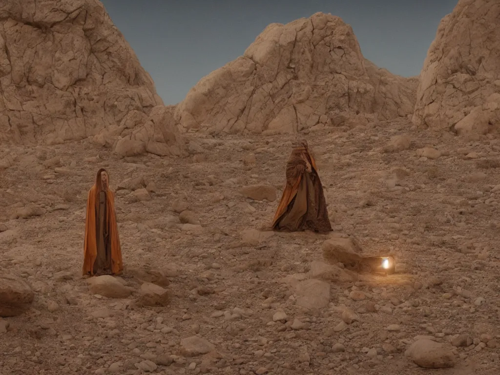 Image similar to levitating glowing bene gesserit with full - face golden mask and glowing eyes in a dry rocky desert landscape, sunny atmosphere, fata morgana giant mirrors, portal, spaceship in the sky by christopher doyle and alejandro jodorowsky, anamorphic lens, kodakchrome, cinematic composition, practical effects, very detailed photo, complex structures, 8 k,