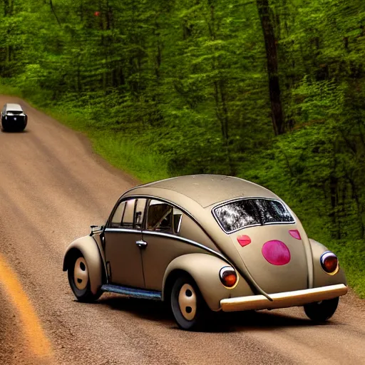 Image similar to promotional scifi - mystery movie scene of a ( volkswagen beatle ) and ladybug hybrid that's more ladybug. racing down a dusty back - road in smokey mountains tennessee. cinematic, 4 k, imax, 7 0 mm, hdr