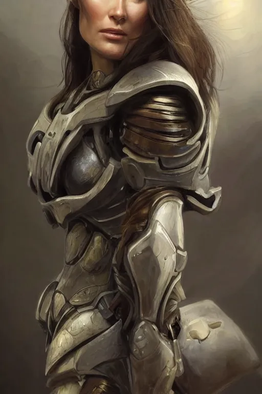 Image similar to a professional painting of a young Olivia Wilde, clothes in military armor, olive skin, long dark hair, beautiful bone structure, symmetrical facial features, intricate, elegant, digital painting, concept art, smooth, sharp focus, illustration, from StarCraft by Ruan Jia and Mandy Jurgens and Artgerm and William-Adolphe Bouguerea