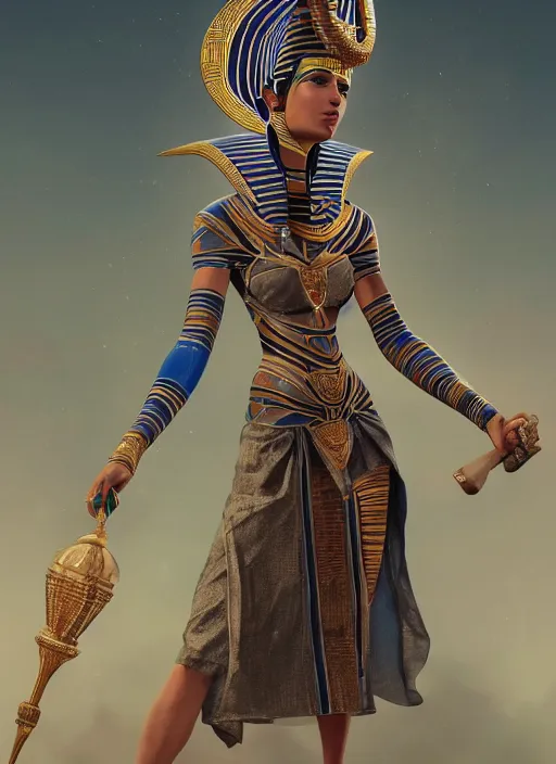 Image similar to an anthropomorphic beautiful female wizard of pharaoh holding magic wand portrait wearing robe, fine art, award winning, intricate, elegant, sharp focus, octane render, hyperrealistic, cinematic lighting, highly detailed, digital painting, 8 k concept art, art by jamie hewlett and z. w. gu, masterpiece, trending on artstation, 8 k