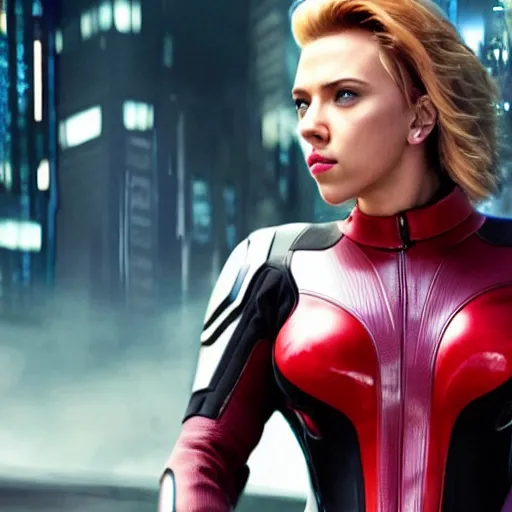 Image similar to scarlett johansson riding a futuristic motorbike in cyberpunk city, realistic, cinematic, hdr