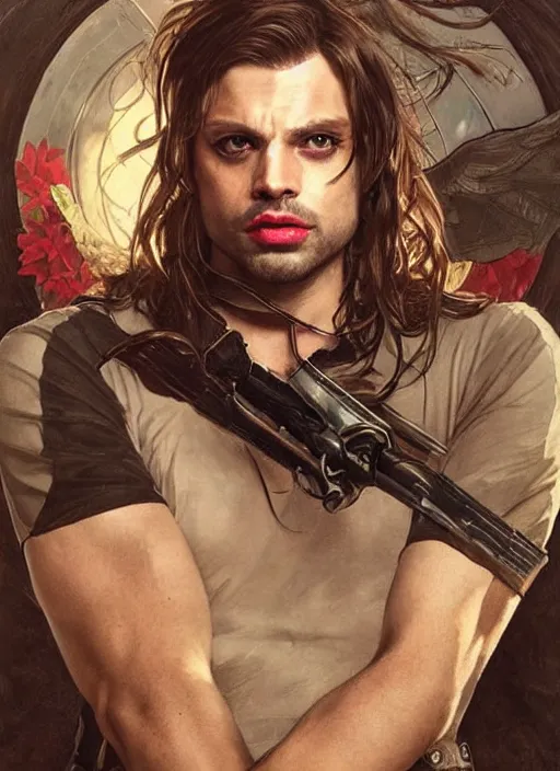 Prompt: sebastian stan as bucky barnes with his face painted. face painting of flowers. beautiful highly detailed face. painting by artgerm and greg rutkowski and alphonse mucha.