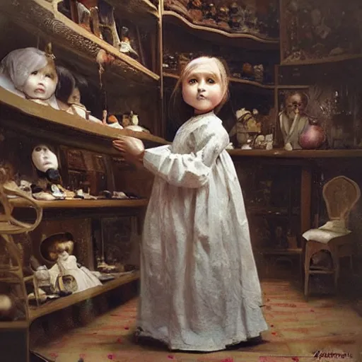 Image similar to human child standing in a victorian doll maker's shop looking at all of the dolls, high detail, digital art, painted by greg rutkowski, painted by seb mckinnon, trending on artstation