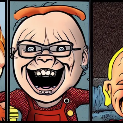 Image similar to screaming chucky doll in a comic strip with george rr martin