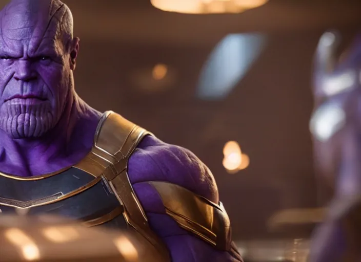 Image similar to film still of Thanos as a baristaat Starbucks in Avengers Infinity War, 4k