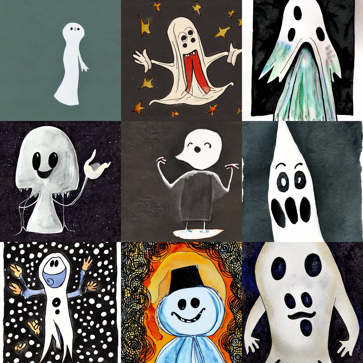 Prompt: a joyful cartoon ghost, black background, pen and watercolor