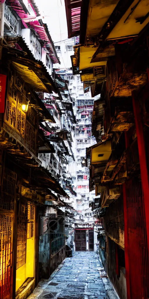 Image similar to an interior view of an old walled city in Hong Kong, colorful, dated and old, dark moody lighting, very detailed, photoreal, 8k, canon 20mm lens