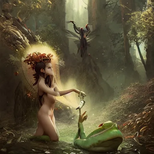 Prompt: scary godlike anime fairy killing a frog violently , petite , upper body , epic , traditional makeup , gorgeous features , Post-processing , Greg rutkowski legendary matte painting , masterpiece