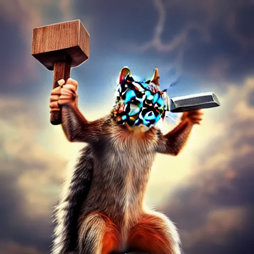 Image similar to the squirrel thor ~ holding his hammer ~ dramatic thunder background ~ fighting scene ~