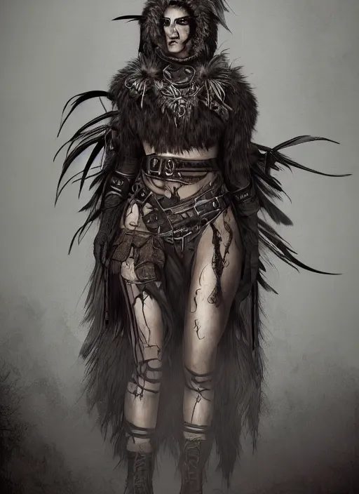 Prompt: digital art of a young woman in dark shamanistic ritual clothing accented by black feathers, post apocalyptic, dystopian, high resolution, highly detailed, fallout, raider, 4 k, artstation, dark lighting