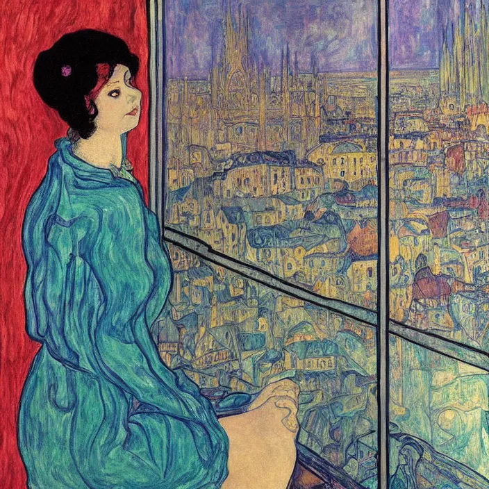 Image similar to close portrait of woman in transparent vaporous night gown with cat and iris, with city with gothic cathedral seen from a window frame with curtains. sun through the clouds, vivid iridescent psychedelic colors. munch, egon schiele, henri de toulouse - lautrec, utamaro, monet