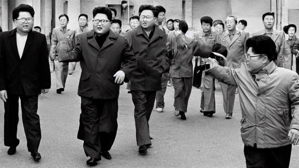 Image similar to kim jong - il walking in 1 9 6 0 s pyongyang, film noir thriller in the style of orson welles and andrei tarkovski