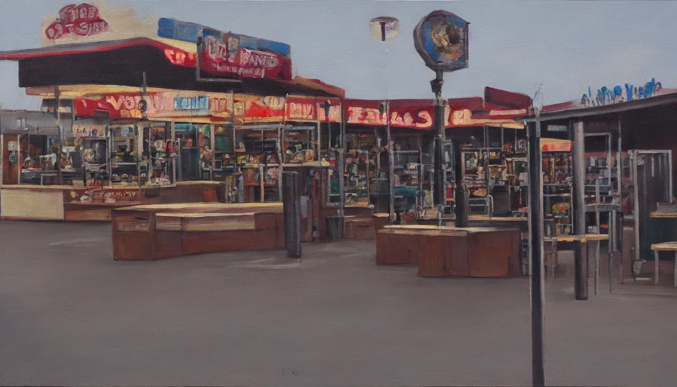 Image similar to oil painting of empty outside town fair, counters, no people, sad, melancholic, depressing, very detailed, emotional, 4 k