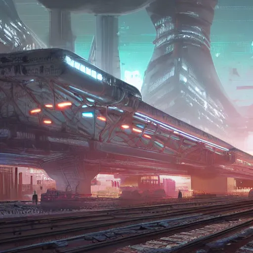 Prompt: Immense industrial futuristic cargo train arrives at cyber punk city station, cinematic lighting, concept art