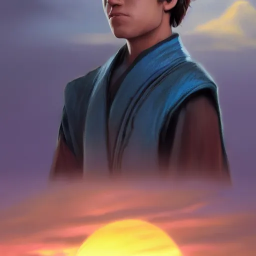 Image similar to a young male jedi with short dark blonde hair standing still looking at the sunset concept art by Doug Chiang cinematic, realistic painting, high definition, concept art, portait image, path tracing, serene landscape, high quality, highly detailed, 8K, soft colors, warm colors, turbulent sea, high coherence, anatomically correct, hyperrealistic, concept art, defined face, five fingers, symmetrical