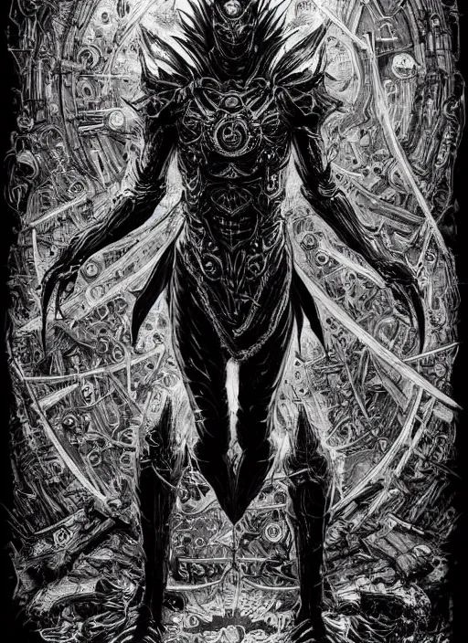 Image similar to Full Art Illustration, Full Body Portrait, black and white, manga, dark RA face illustration, symmetrical, evil, chaos, hypermaximalist, ornate, horror, by Tsutomu Nihei, detailed, intricate ink illustration, symmetry, bloodborne