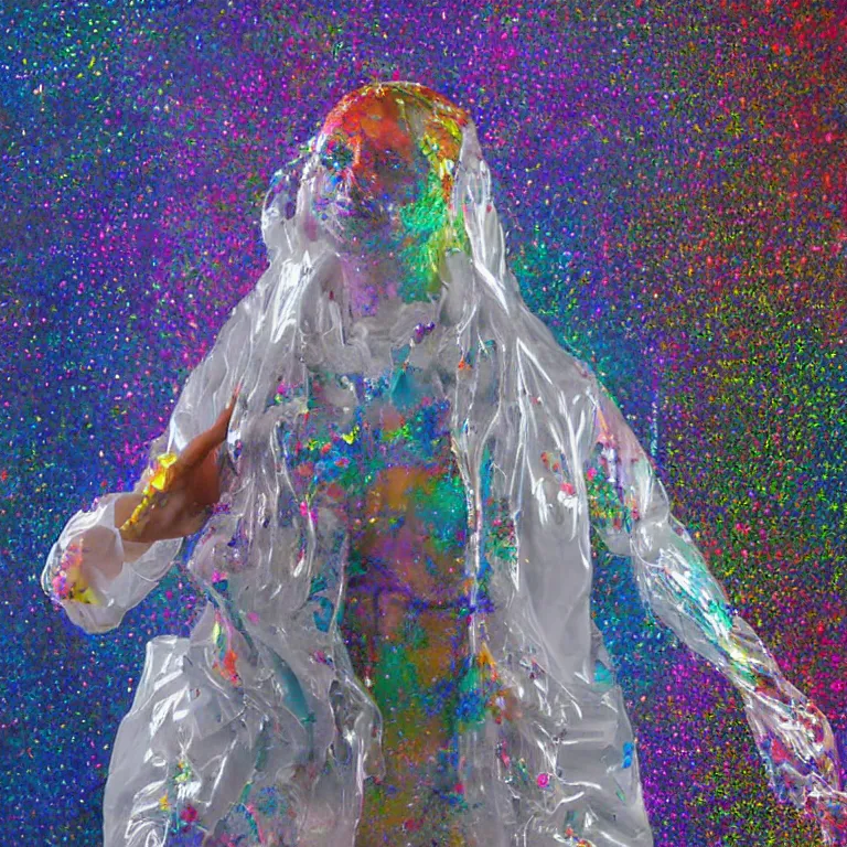 Image similar to octane render portrait by wayne barlow and carlo crivelli and glenn fabry, a woman wearing a clear plastic suit full of colorful thick fluid full of glitter, standing in front of a giant sheet of tie - dye aluminum foil, cinema 4 d, ray traced lighting, very short depth of field, bokeh