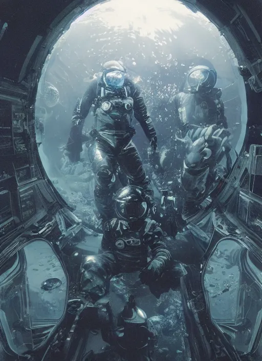 Image similar to astronauts in dark void underwater - complex and hyperdetailed technical suit. reflection and dispersion materials. rays and dispersion of light. volumetric light. f / 3 2. noise film photo. flash photography. ultra realistic, wide angle. poster by wayne barlowe, hajime sorayama aaron horkey, craig mullins