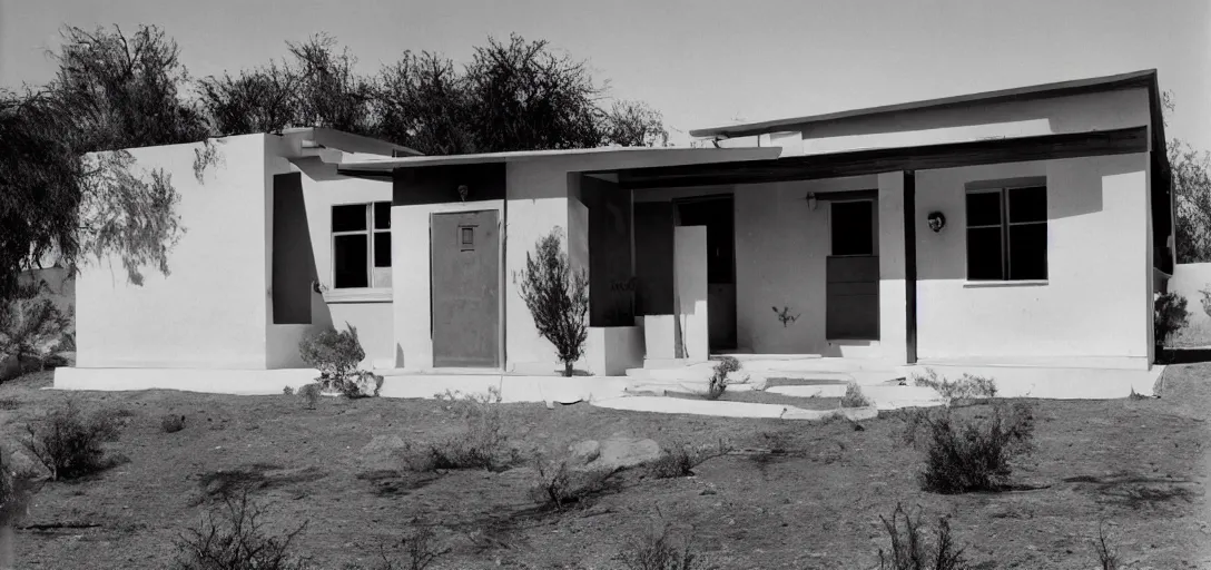 Image similar to single - family craftsman house in desert photographed by stanley kubrick.