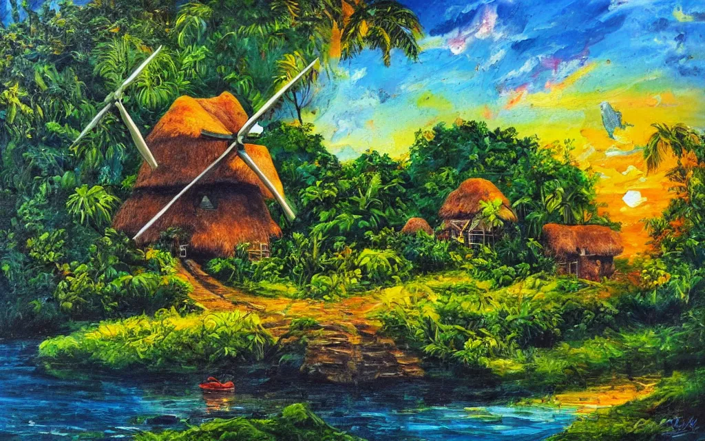 Image similar to an island with a cozy cottage, tropical forest, river, waterfall, windmill, garden courtyard, sunset, puffy clouds, oil impasto painting