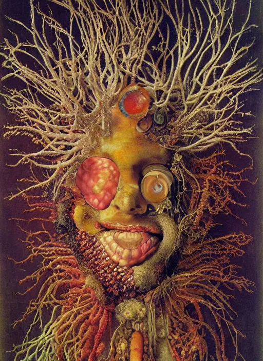 Image similar to a surreal painting of a shaman's face, made of jelly fish, coral reefs, by Giuseppe Arcimboldo, symbolist, soft colors, dramatic lighting, smooth, sharp focus, extremely detailed, aesthetically pleasing composition