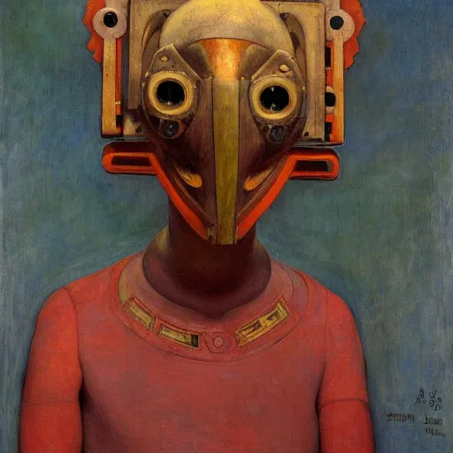 Prompt: the robot child wearing her bird mask, by annie swynnerton and diego rivera and elihu vedder and lucien freud, symbolist, dramatic lighting, elaborate geometric ornament, head and shoulders view, art brut, soft cool colors, smooth, sharp focus, extremely detailed, adolf wolfli, leo and diane dillon, nicholas roerich