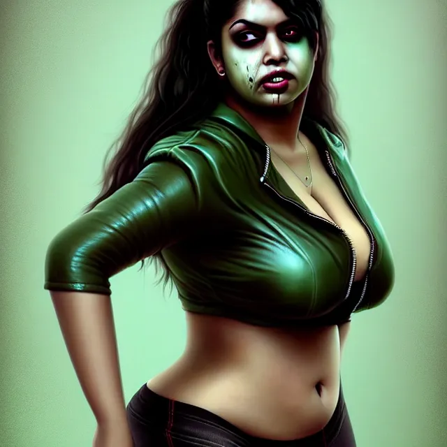 Prompt: epic professional digital airbrushed portrait art of an attractive and athletic, somewhat curvy, mid-20s East Indian supermodel emo female zombie wearing a slightly torn tee shirt under a leather jacket, with deep green eyes, scary portrait, walking dead, best on artstation, cgsociety, wlop, Behance, pixiv, cosmic, epic, stunning, gorgeous,, masterpiece by Dorian Cleavanger and Stanley Lau