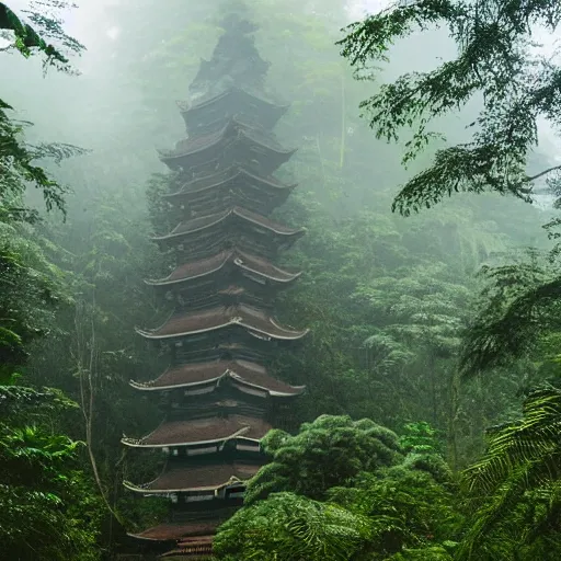 Image similar to abellanewsfoundation. org a full length portrait of a giant autonomous pagoda in a misty rainforest, surrounded by lush ferns and fir trees. surrounded by mountains and clouds and mist. featured on