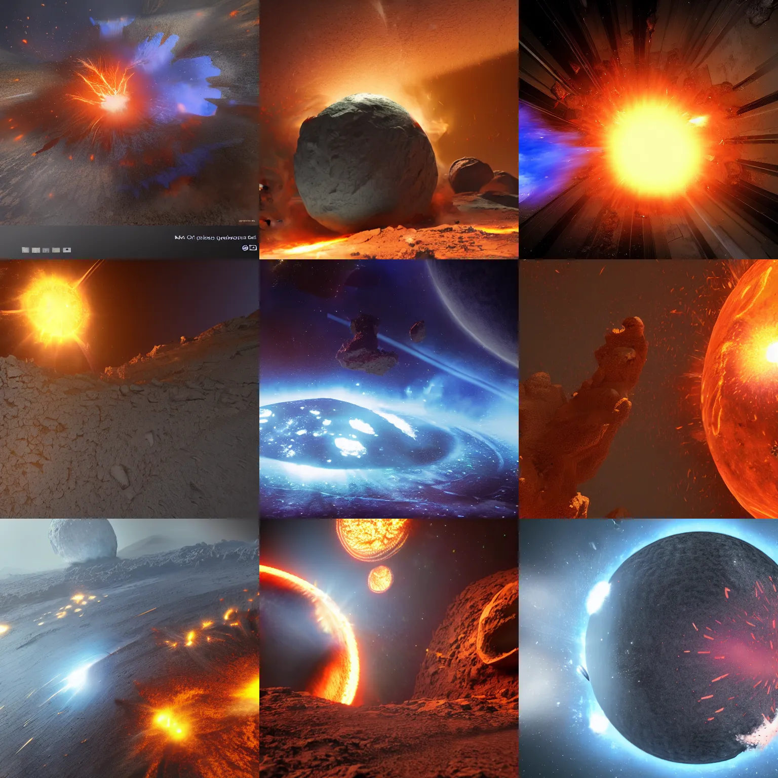 Prompt: planetary explosion, magma, debris, dust, concept art, cinematic lighting, volumetric shadows, high detail