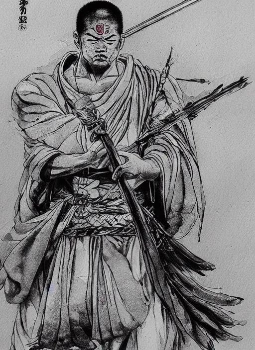 Prompt: a buddhist warrior with a spear, by takehiko inoue and kim jung gi, masterpiece ink illustration