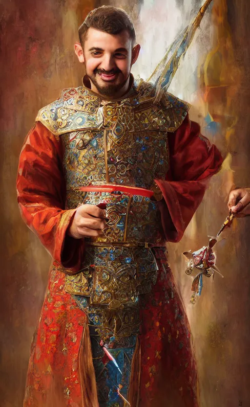 Prompt: a charming tailor of middle - eastern descent, dressed in fine colorful robes over fantasy armor, sporting a goatee, smirking, holding a magic needle, fantasy digital painting by barret frymire by artem priakhin, high resolution 4 k