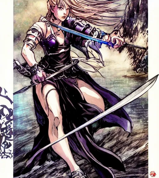 Prompt: a lady of the lake holding the legendary excalibur, soul calibur inspired, folklore, comic book art, by yoji shinkawa and takehiko inoue and kim jung gi, masterpiece, perfect