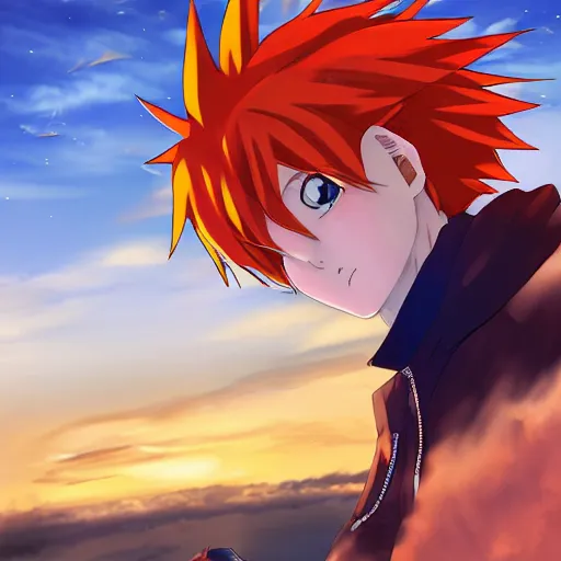 Image similar to orange - haired anime boy, 1 7 - year - old anime boy with wild spiky hair, wearing red jacket, flying through sky, ultra - high jump, late evening, blue hour, cirrus clouds, ultra - realistic, sharp details, subsurface scattering, blue sunshine, intricate details, hd anime, 2 0 1 9 anime