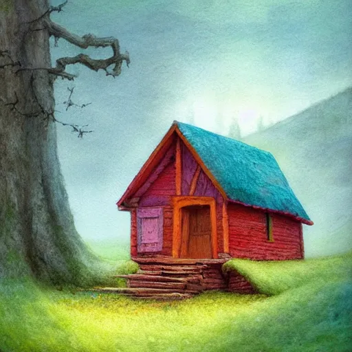 Image similar to small wooden house in the middle of spring forest, bright colours, watercolor, volumetric wool felting, macro photography, children illustration, by christophe vacher