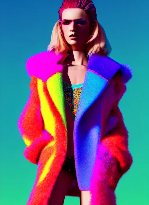 Image similar to stylish coat for a rave, bright colors, many details, prints, photo for a magazine, photo for a store, fashion photography, Vogue, 135 mm, cinematic, hyper realism, high detail, octane render, 8k, chrome accents, very coherent symmetrical artwork, perfect face model, full length photo, Upper and lower body, even skin tone