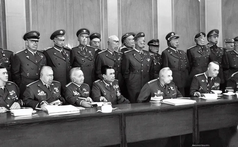 Image similar to 50s movie still of very diverse soviet generals officers marshal and politics head with very detailed faces in a stalinist parlement, by Alexei Guerman, Cinestill 800t 35mm black and white, heavy grainy picture, very detailed, high quality, 4k, HD criterion, precise texture, diverse faces, diverse haircuts, diverse ages, each faces precisely define