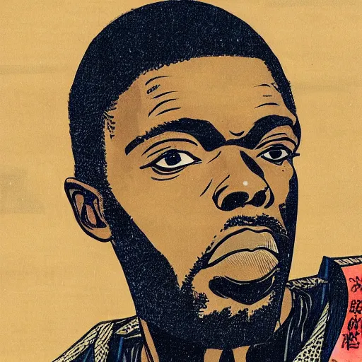 Prompt: GZA rapping, portrait, style of ancient text, hokusai