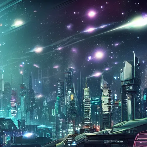 Image similar to cyberpunk city with deep field and many galaxies in the sky, highly detailed, sharp focus