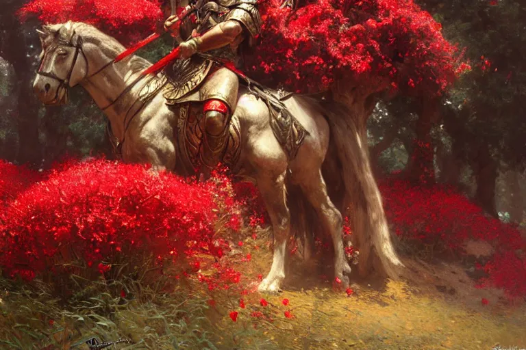 Prompt: winter, a tired male warrior wearing armor relaxing under a huge tree with red flowers, long shot, fantasy, painting by gaston bussiere, craig mullins, j. c. leyendecker, trending on artstation