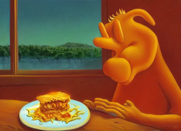 Prompt: surrealist impressionist painting of garfield eating lasagna at dusk, in the style of michael whelan and wayne barlowe