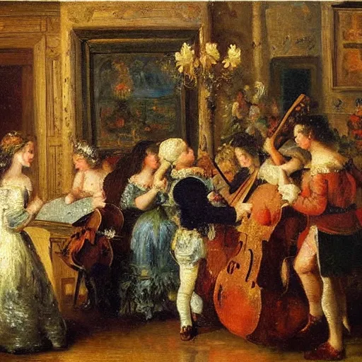 Prompt: a beautiful symphony, impressionist oil painting, 17th century