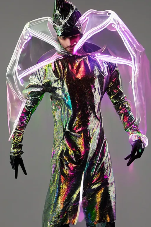 Image similar to full-body baroque and cyberpunk low-poly crystalline sculpture of attractive muscular iridescent Zayn Malik as a humanoid deity wearing a thin see-through plastic hooded cloak sim roupa, posing like a superhero, glowing pink face, crown of white lasers, large diamonds, swirling black silk fabric. futuristic elements. oozing glowing liquid, full-length view. space robots. human skulls. throne made of bones, intricate artwork by caravaggio. Trending on artstation, octane render, cinematic lighting from the right, hyper realism, octane render, 8k, depth of field, 3D