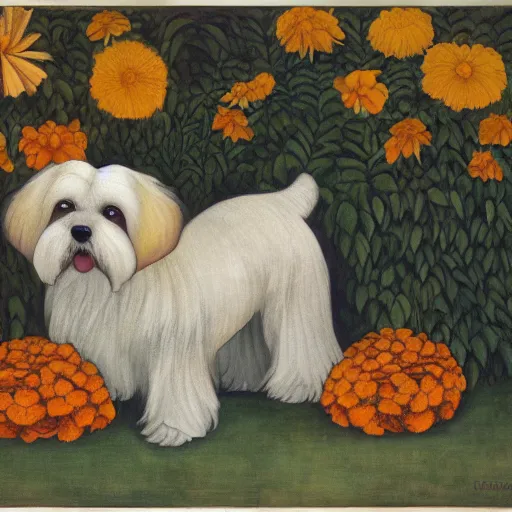 Image similar to portrait of a cream colored havanese dog with marigolds by diego rivera 1 9 3 5