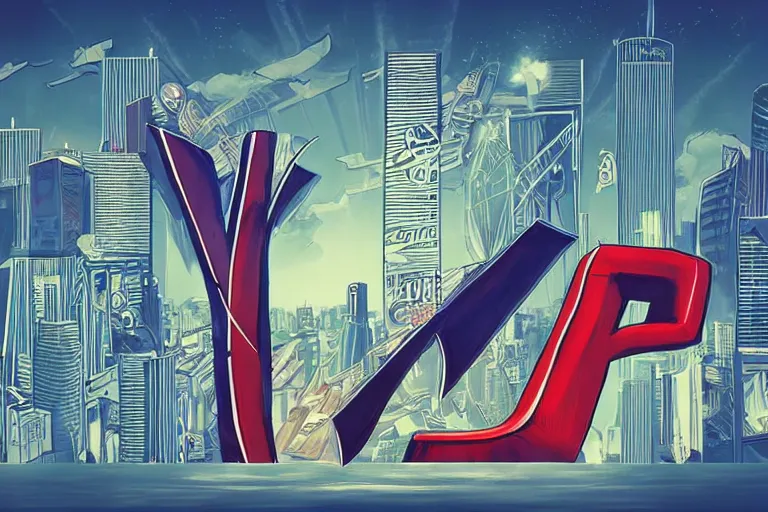 Image similar to an epic comic book style painting of the uppercase letter x towering over the world, the letter x, giant font, lettering, future tokyo cityscape with ribbons, banners and ribbons, trending on artstation, dynamic lighting