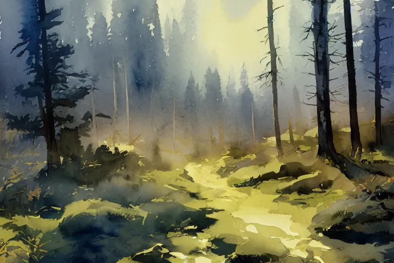 Image similar to small centered on watercolor paper, paint brush strokes, abstract watercolor painting of village in bog at nightfall, pine trees, sharp shadows, cinematic light, american romanticism by hans dahl, by jesper ejsing, by anders zorn, by greg rutkowski, by greg manchess, by tyler edlin