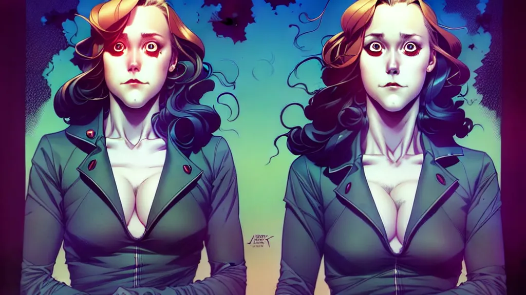 Image similar to artgerm, joshua middleton comic cover art, pretty full body serial killer maika monroe creepy smiling, full body, symmetrical eyes, symmetrical face, long curly brown hair, standing in front of an abandoned house background